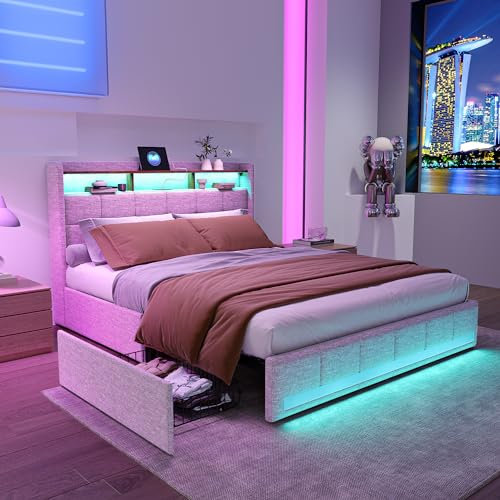 LONELYO Bett 160x200 mit Lattenrost, Doppelbett mit Stauraum, Polsterbett 160x200cm, LED-Beleuchtung, 4 Schubladen, USB- und Typ-C-Anschlüsse, Beiger Stoff, modernes Stauraumbett
