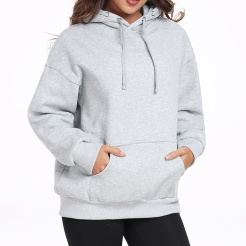 Felpa Donna con Cappuccio Oversize Hoodie Maniche Lunghe Pullover Felpa in Pile Casual Sport Sweatshirt Calda Felpa con Tasche Primavera Autunno Inverno (IT, Testo, XL, Regular, Regular, Grigio)