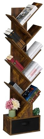 Relaxdays Bücherregal, 9 Ebenen, HxBxT: 146 x 38 x 22 cm, Baumform, Bücher, CDs, DVDs, Bücherbaum mit Schublade, braun