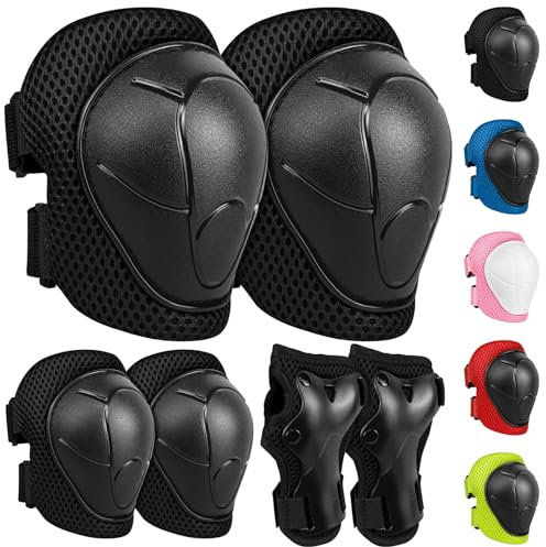 Protezioni Skateboard Bambini, 6 in 1 Ginocchiere | Gomitiere | Tutore Polso Protezioni Set, Regolabile Attrezzatura Protettiva, per Pattini Skateboard, Scooter e Rollerblade (Nero, S/3-8 Anni)