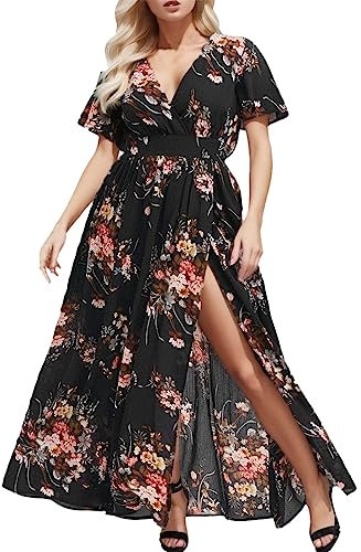 robe femme ronde grande taille chic empire, robe longue boheme manche courte fluide robes portefeuille cache coeur avec fente robes longues femmes été fleurie fendue sur les cotes (Black, XL)
