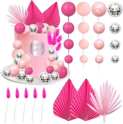 Ephlyn 33 Pack Balls Cake Toppers Boho Palm Leaves Cake Decorations Round Acrylic Happy Birthday Cupcake Toppers for Birthday Wedding Baby Shower Party Supplies Silver Rose Red