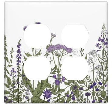 Yamxbfa Decorative Light Switch Cover Plate Vintage Botanical Purple Floral Lavender Green Plant 2 Gang Socket Covers Double Duplex Wallplates Switch Plates and Outlet Covers for Bedroom Bathroom