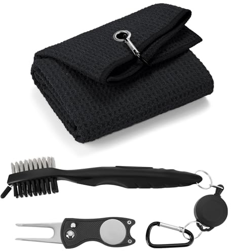 Yisica 3 in 1 Golf Cleaning Kit, Microfiber Golf Towel (60 X 40cm) with Carabiner, Club Club Brush, Golf Divot Repair Tool with Ball Marker - Golf Accessories, Ideal for Golfers