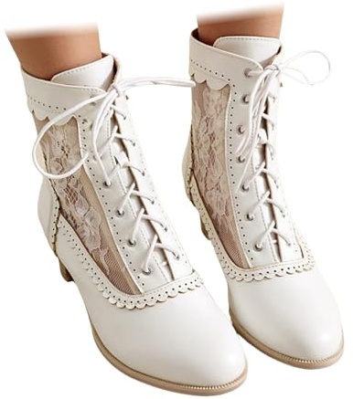 Women's Traditional Oktoberfest Shoes Bavarian German Dirndl Dance Shoe Short Boots Block Mid Heel Party Footwear with Semi-Transparent Lace Mesh White