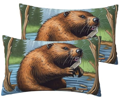 Busy Beaver Cartoon Linen Pillow Cases Set of 2, Queen Cooling Pillowcase with Zipper Closure Soft Breathable Pillow Cover 12'' x 20'' Wrinkle-Free Bed Pillow Case for All Season