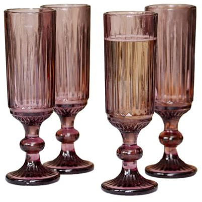 Darthome Set of 4 Ridged Glass Champagne Flutes Stemmed Embossed Prosecco Rose Glasses (Pink)