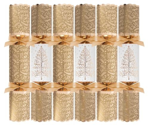 YöL Pack of 6 Deluxe White Gold Tree Christmas Crackers - 13.5 Metallic Festive Xmas Holiday Dinner Table Decorations - Novelty Fun Prizes Gifts Contains Hats Jokes
