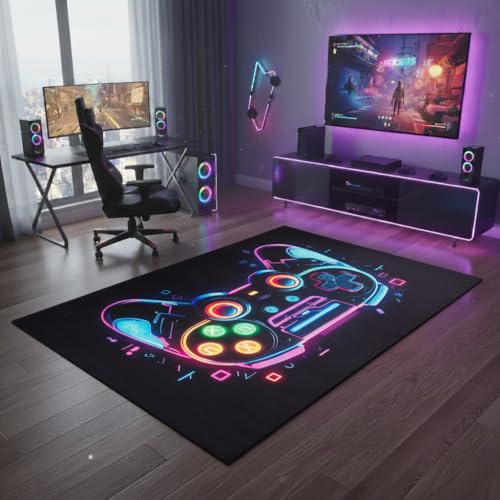TAPISO Cosmo Game Gamer Teppich Jugendzimmer | Neon Game Controller Motiv | Gaming Teppich Jungen | Modern, rutschfest, Kurzflor, Strapazierfähig, Für Spielzimmer Wohnzimmer 180 x 250 cm