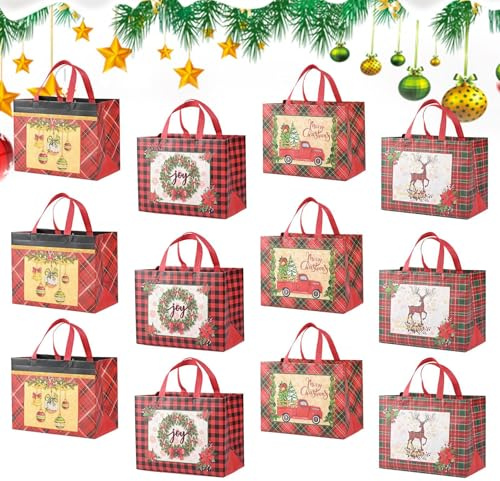 Christmas Tote Bags - 12PCS Large Gift Holder Bags, Reusable Checkered Non-Woven Bag with Handles | Large Waterproof Holiday Shopping Bag for Party Favors, Treats, Candy, Toys, Food, Christmas