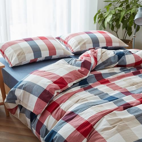 Nesture Bettwäsche 135x200 Baumwolle 4teilig, Kariert Bunt | 100% Baumwolle, gewaschene Leinenoptik, 2x Bettbezug 135x200 + 2x Kissenbezug 80x80cm, Bettwäsche-Sets, Weich & atmungsaktiv