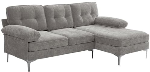 DUANDUAN Ecksofa 3-Sitzer Sofas 210cm breit Polsterecke mit Federkern Kissen und Rückenlehnen abnehmbar und waschbar - Chaiselongue beidseitig montierbar Couch L-Form fürs Wohnzimmer (Grau)