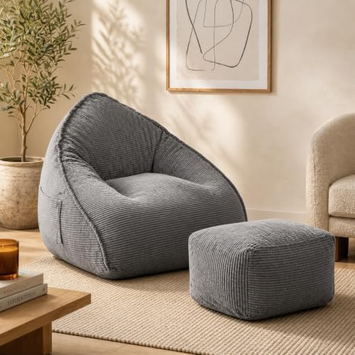 AIMSTYTO Large Bean Bag Chair with Ottoman, Corduroy Floor Sofa for Adults, Comfy Gaming & Reading Lounge Chair with Footstool, 100x100 cm Beanbag Sofa for Living Room, Bedroom (Grey)