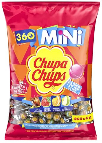 Chupa Chups Mini Classic Lutscher-Beutel, enthält 360 Mini-Lollis in den 4 Geschmacksrichtungen Cola, Orange, Erdbeere, Apfel, geeignet für Geburtstag, 360 x 6g