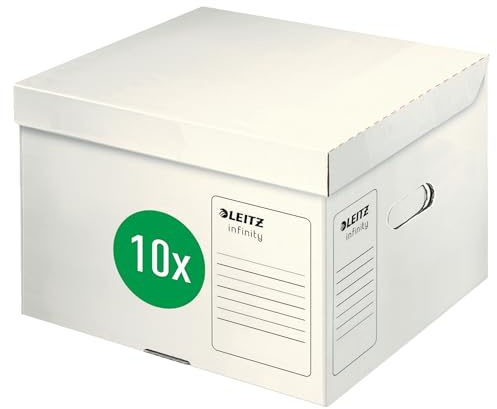 Leitz Infinity Archiv-Container, 10 Stück, Größe M, Schachtel für A4 Archivbox 3 x 100mm/2 x 150mm, Transportbox mit Deckel Oben, Faltbare Kartonverpackung, 100 % säurefreie Wellpappe, Weiß, 61030000
