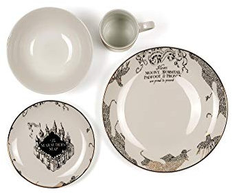 Harry Potter Juego de 4 piezas de porcelana con mapa del merodeador, diseño de mapa de merodeadores dorados, incluye 1 plato llano, 1 plato de ensalada, 1 cuenco y 1 taza, gran regalo para cualquier