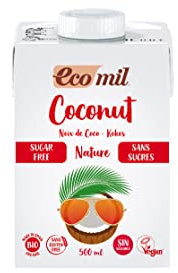 Ecomil Leche de coco Bio 500ml.Sin lactosa, sin gluten, sin soja, sin huevo, sin azúcares añadidos, sin proteína láctea y con bajo contenido en sal