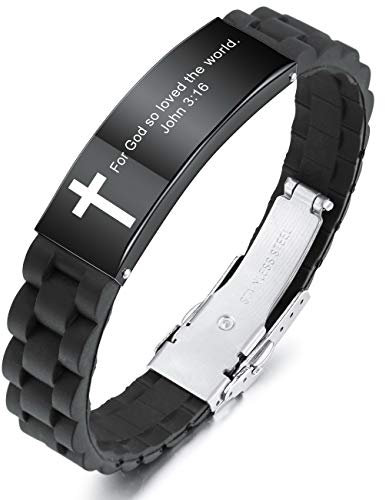MeMeDIY Inspirational Quote Kreuz Armbänder Glauben Christian Bible Zubehör Vers Silikon ID Armband Religiöse Geschenke für Männer Frauen Jungen Mädchen Edelstahl Gummi Einstellbar (Schwarz Farbe)