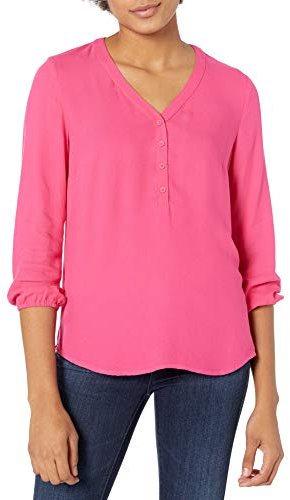 Amazon Essentials Chemise boutonnée à Manches 3/4 pour Femme, Rose Vif, Taille L