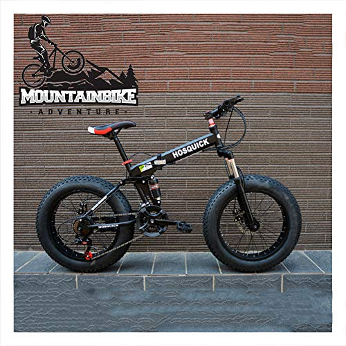 NENGGE Vollfederung MTB Faltbare 20 Zoll, Jugend Herren Damen Mountainbike mit Scheibenbremsen, Fette Reifen Fahrräder, Rahmen aus Kohlenstoffstahl, Geeignet ab 130-180 cm,Schwarz,30 Speed