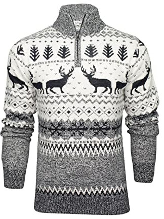 Xact Mens 1/4 Zip Reindeer Xmas/Christmas Jumper (Ecru) L