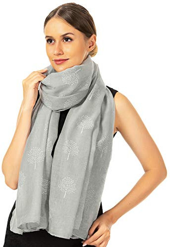 World of Shawls Mulberry Tree Scarf Shawl Wrap Soft Warm (Light Silver With White Tree)
