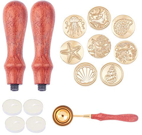 craspire 15PCS Wax Seal Stamp Kit, 8PCS Abnehmbare Wachssiegelstempelköpfe, 4PCS Kerzen, Siegelwachs-Schmelzlöffel, 2PCS Holzgriffe Für Umschlagkartendekoration