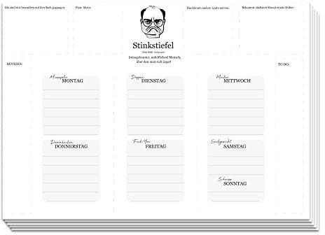 Stinkstiefel Wochenplaner Block A4 52 Blatt - Weekly Planner Block ohne Datum - Humorvolle Seiten für jede Woche mit To Do Liste - Wochenplan als Geschenkidee für Studenten