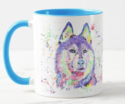 Vixar Husky Snow Dog Haustier Aquarell Regenbogen Kunst Farbige Tasse Geschenk Geburtstag Arbeit Büro Weihnachten Tee Kaffee (L blau)