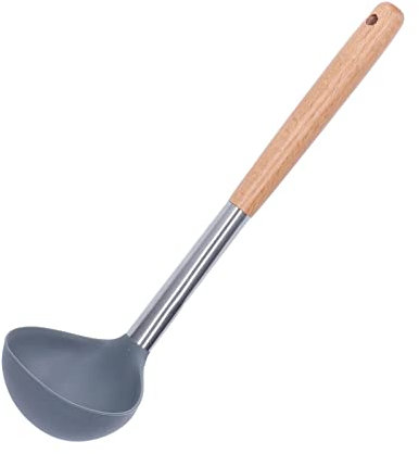 Soup Ladle, Soft Safe Silicone Material Nonstick Scratch Resistant Wooden Handle Ladel Spoon for Serving Kitchen Helper