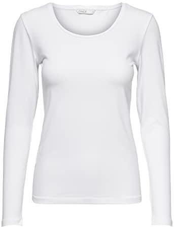ONLY Longsleeve Damen-Shirt in Schwarz, 15240036 Oberteil aus 95% Baumwolle 5% Elasthan, atmungsaktives Basic Shirt zum Kombinieren, Farbe:Weiß, Größe:S, Menge:1