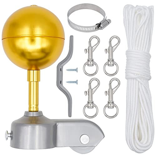 NAOEDEAH Fahnenmast-Set, 15 m, Fahnenmast-Seil, Ersatz-Set, Fahnenmast, Hardware-Teile, Reparatur-Set, Zubehör, 7.6 cm Fahnenmast-Topper, Stollenhaken, Fahnenmast-Riemenscheibe, LKW für 5.1 cm
