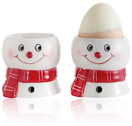 WW STYLE Lot de 2 coquetiers en céramique de qualité supérieure - Design Bonhomme de Neige Mignon - Porcelaine - Support à œufs - Décoration - Cadeau de Noël - Anniversaire - Famille - Amis - Enfants