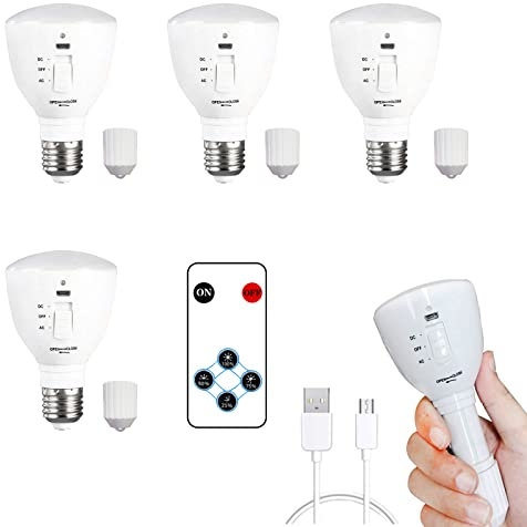 USB Akku Batterie Glühbirne Mit Fernbedienung, 7W LED Multifunktion Notlicht 4 Helligkeit Einstellbar Verstellbar Taschenlampe Scheinwerfer Smart E27 Außen Lamp Mit Haken 6000K 2600mah,4 Stücke