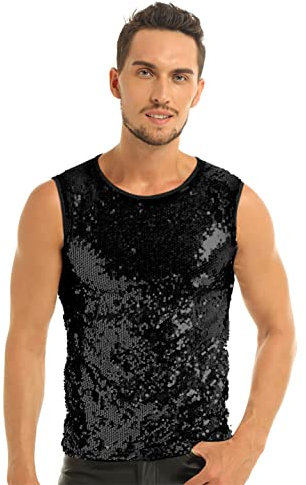 iEFiEL Herren T-Shirt Pailletten Glitzer Hemd mit Kragen Retro Freizeit Shirt Tops Nachtclub Karneval Party Muskelshirt in Silber,Schwarz, Gold Schwarz Ärmellose XL