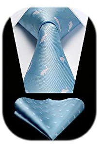 HISDERN Krawatte Hellblau Herren Krawatten Kaninchen Muster mit Einstecktuch Krawatte Hochzeit und Taschentuch Set