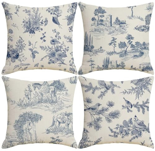 LOHDALOLF Blaue Toile Kissenbezüge 45x45 cm 4er Set Vintage Französisch Country Kissenbezüge Chinoiserie Dekorative Kissenbezüge für Sofa Wohnzimmer
