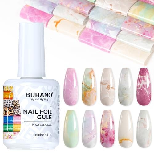 BURANO Nail Art Nail Foil Glue Gel, 15 ML 1 Bottle Foil Transfer Gel with 10PCS Stickers, UV LED Lamp Required Nail Design Foils Glue for Nails 22