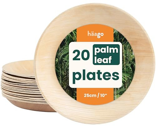 HAAGO 20 Assiettes en Feuilles de Palmier Compostables & Jetables, Comme les Assiettes en Bambou Vaisselle écologique - Résistante au Congélateur & au Micro-ondes 25cm Rond Assiette Feuille de Palmier