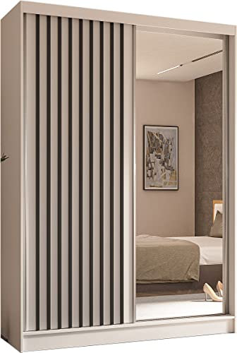 WFL GROUP Moderner Kleiderschrank Schwebetürenschrank mit Spiegel und Holzlamellen 100 150 200 cm - Kleiderschrank für Schlafzimmer mit Schwebetüren - Kleiderstange - 150 cm - Weiß/Schwarze Lamellen
