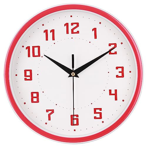 Topkey Reloj de pared redondo silencioso para cocina, 9 pulgadas, estilo moderno, sin tictac, decorativo, dormitorio, oficina, estudio, cocina, reloj de pared, rojo