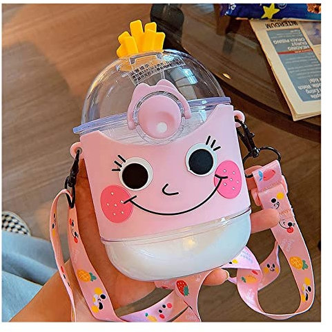 Bouteille d'eau 390 ML Kawaii Fraise Pêche Bouteille d'eau avec Paille Sangle en Plastique Portable Voyage en Plein Air Fruits Boissons Bouteilles Bouteille Isotherme Gourde Sport (Color : Pink, Siz