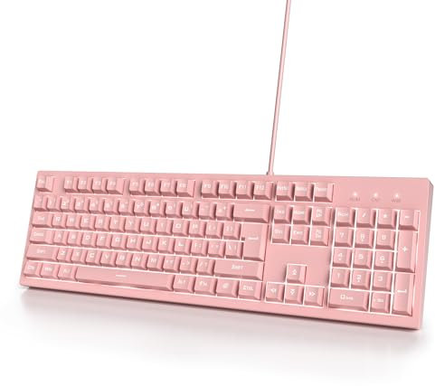 Ussixchare Pink Gaming Keyboard 104 Keys Silent Creamy Keyboard Light up Wired Keyboard Double Shot Keycaps LED Backlit Membrane Keyboard for PC Laptop(104 Pink)