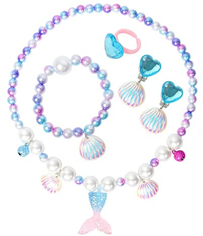 5 Stück Meerjungfrau Schmuck für Mädchen,Meerjungfrau Kinder Schmuck mit Halskette, Ringe, Armbänder, Ohrring, Armbänder,Meerjungfrau-Prinzessin-Schmuck für Mädchen Party Dress up Geburtstagsgeschenk