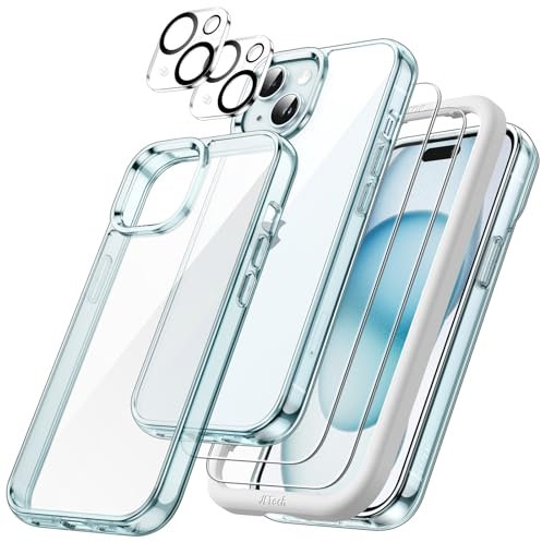 JETech 5 en 1 Coque pour iPhone 15 6,1 Pouces avec 2 Protection D'écran en Verre Trempé et 2 Protecteur de Caméra, Étui Housse Antichoc Non-Jaunissement (Bleu)