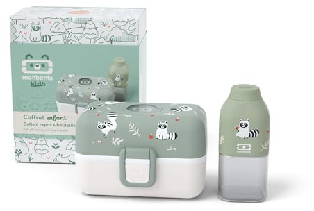 monbento - Geschenkbox Kinder Mittagessen - Mit Brotdose MB Tresor Raccoon, Trinkflasche MB Positive S - Ideal für Mittagessen oder Snacks in der Schule/Park - Waschbär