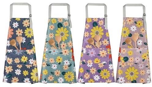 4 Piezas Mandiles de Cocina Delantal Cocina Mujer Ajustables Delantal Mujer con Bolsillos Grandes Delantales de Cocina Mujer Impermeables para Cocina Jardín y Salón