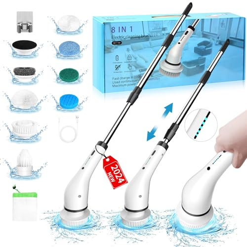 Brosse de Nettoyage électrique, Nouvelle épurateur électrique sans Fil 2024 avec 8 têtes de Brosse Amovibles et poignée réglable de 132 cm pour Salle de Bain, Cuisine, Sol de Voiture