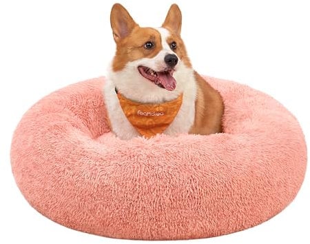 Feandrea Panier pour Chien, Lit Ronde en Forme de Beignet, Canapé, Coussin Central Amovible et Lavable, Tissu Peluche Doux, Ø 80 cm, Rose PGW040R01