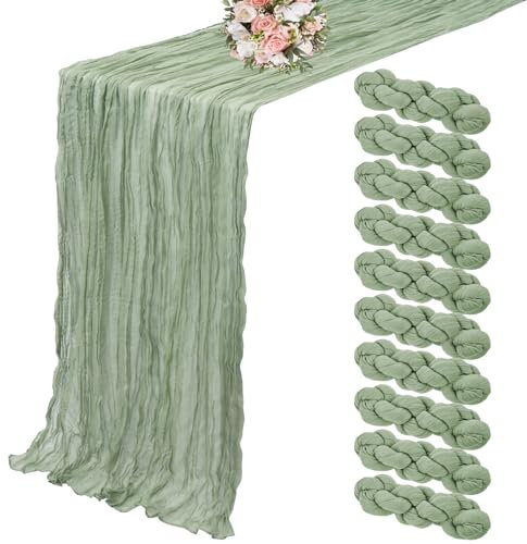 Lumaycens 10er-Pack Käsetuch-Tischläufer, salbeigrüner Tischläufer, 90 x 300 cm, Tischläufer, rustikale Gaze-Tischläufer für Hochzeitstischdekoration, Hochzeitsbogen, Party-Dekoration